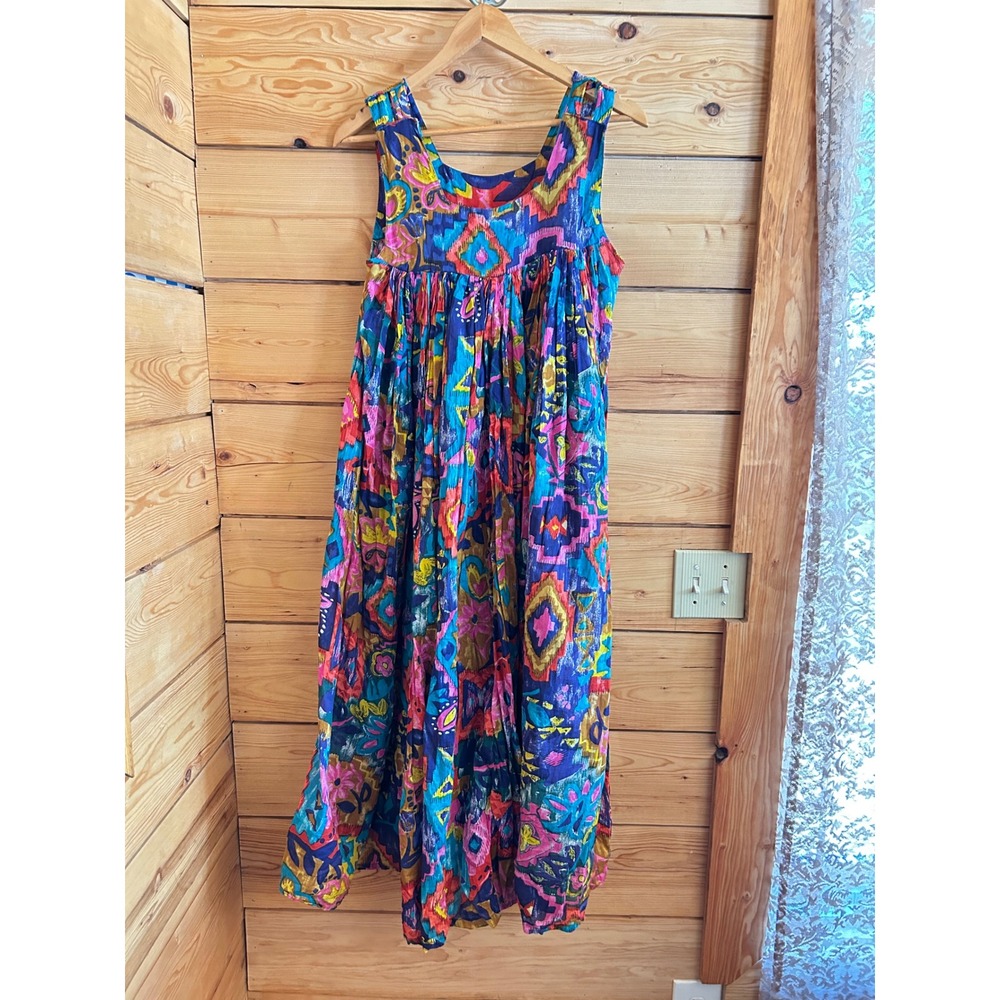Vintage Style Multi Color Abstract Floral Pleated Empire Waist Maxi Dress Muumuu